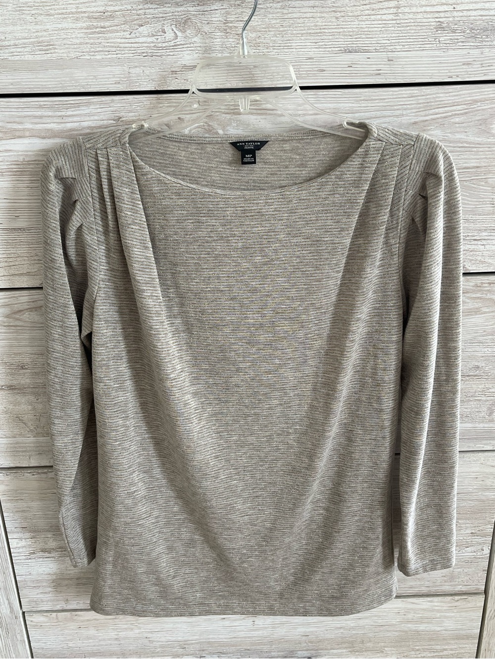 Ann Taylor Gray and Metallic Gold Striped Puff Shoulder Boatneck Top Petite M